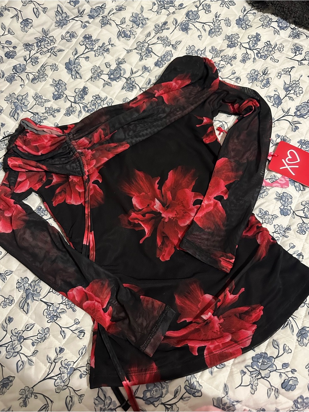 Madden Girl Black Mesh Top with Red Floral Accents